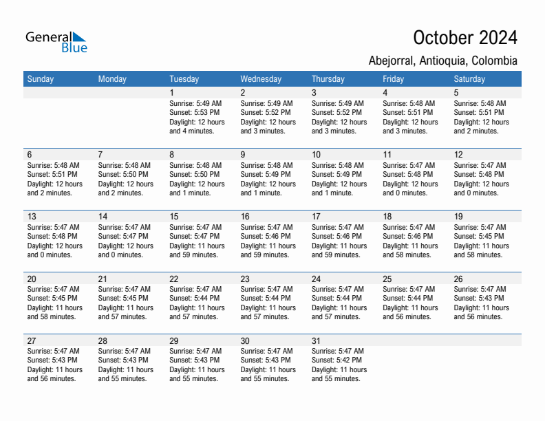 Abejorral October 2024 sunrise and sunset calendar in PDF, Excel, and Word