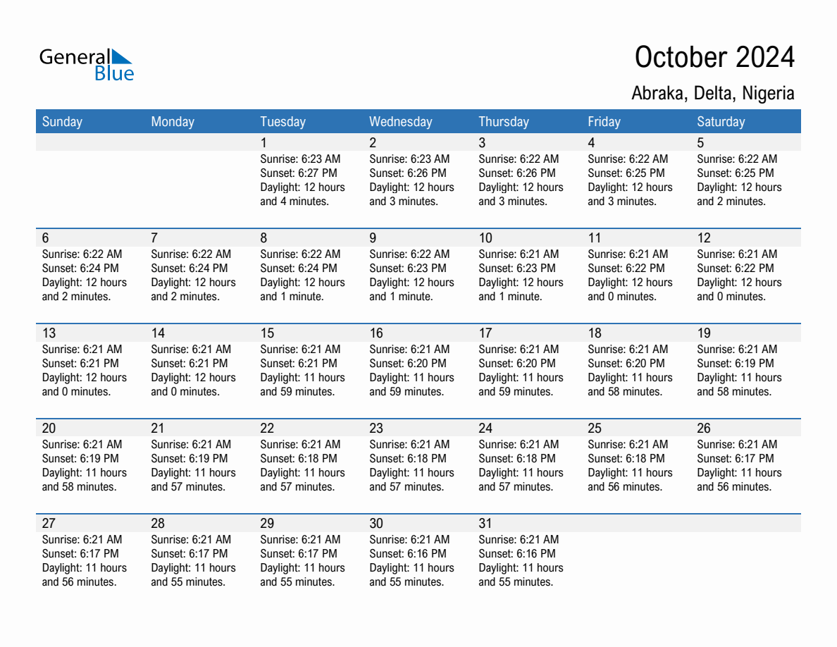 October 2024 sunrise and sunset calendar for Abraka