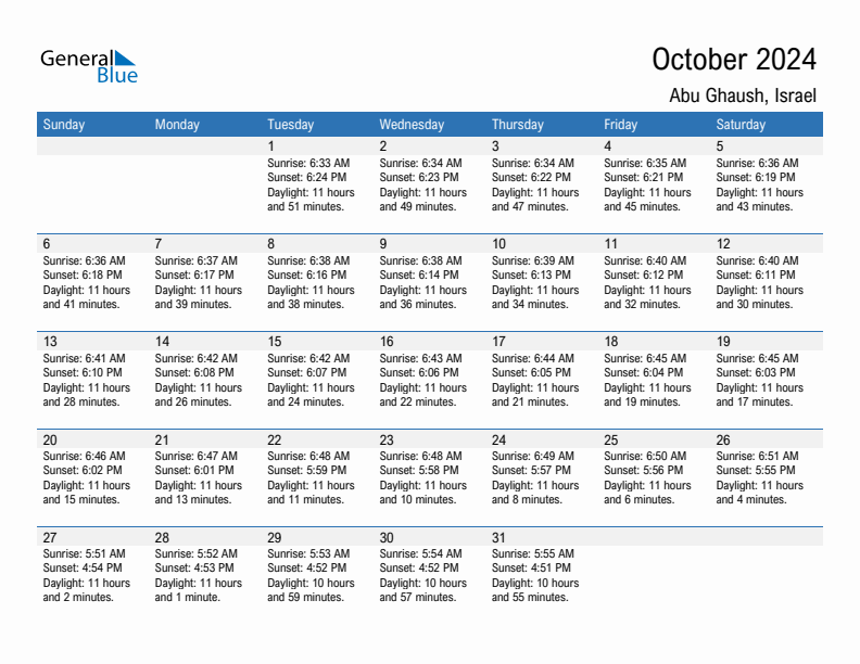 Abu Ghaush October 2024 sunrise and sunset calendar in PDF, Excel, and Word