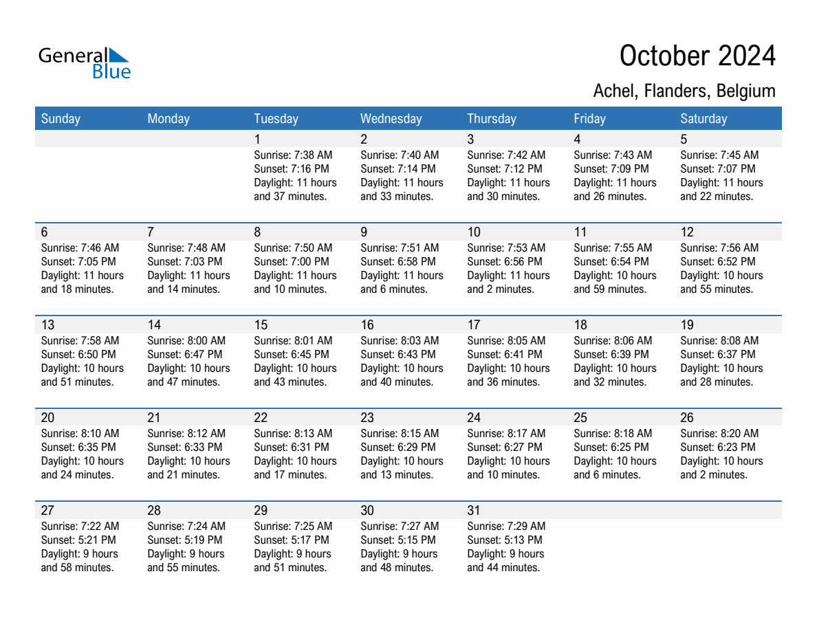 October 2024 sunrise and sunset calendar for Achel