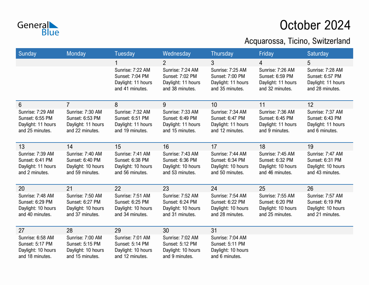 October 2024 sunrise and sunset calendar for Acquarossa