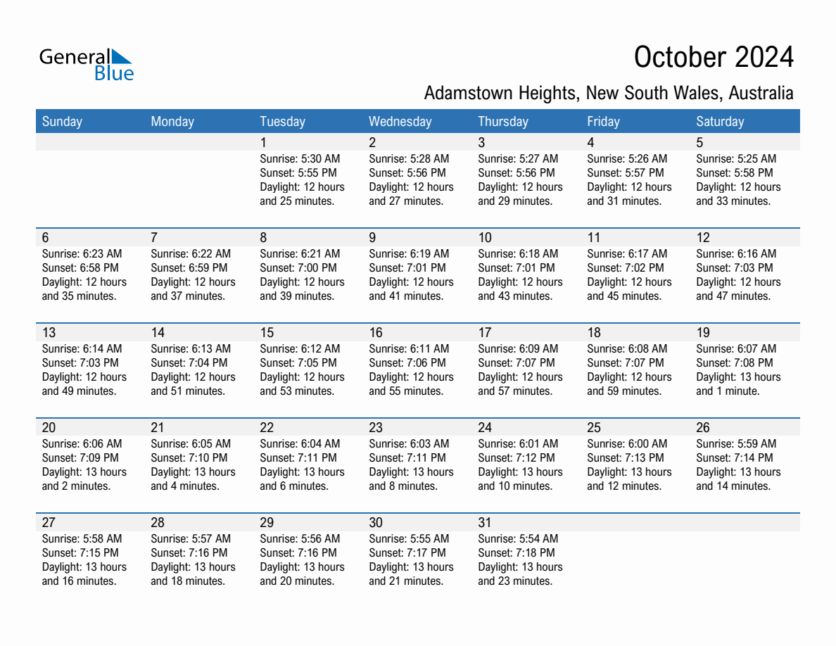 October 2024 sunrise and sunset calendar for Adamstown Heights