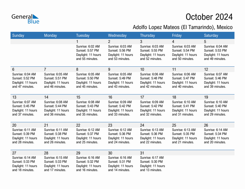 Adolfo Lopez Mateos (El Tamarindo) October 2024 sunrise and sunset calendar in PDF, Excel, and Word