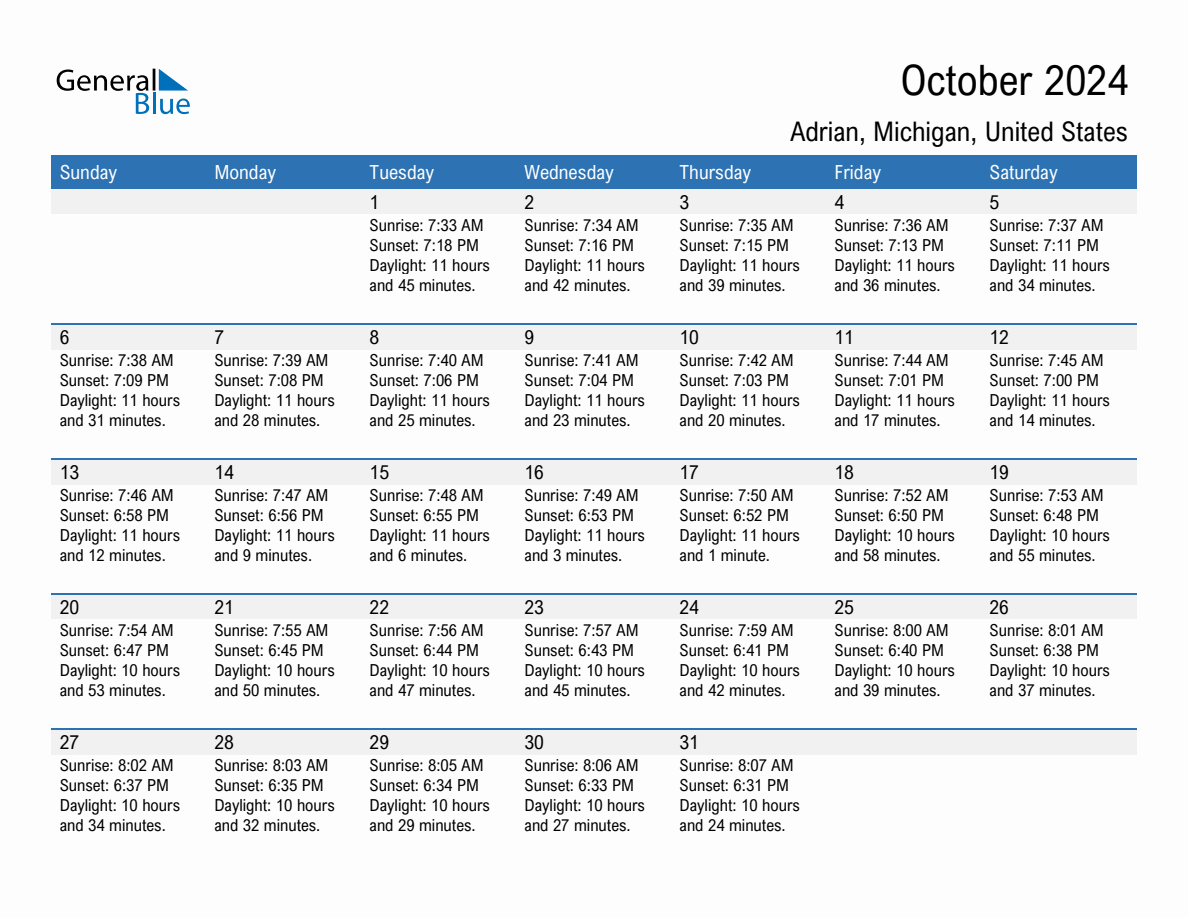 October 2024 sunrise and sunset calendar for Adrian