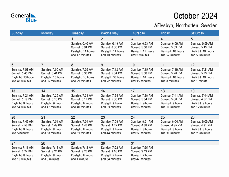 AElvsbyn October 2024 sunrise and sunset calendar in PDF, Excel, and Word