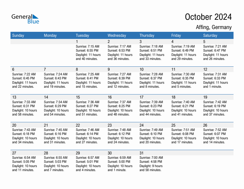 Affing October 2024 sunrise and sunset calendar in PDF, Excel, and Word