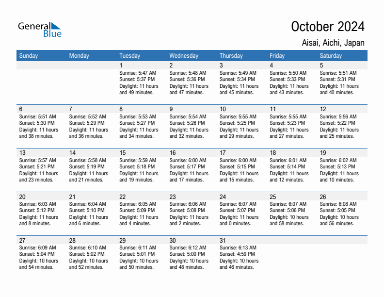 Aisai October 2024 sunrise and sunset calendar in PDF, Excel, and Word