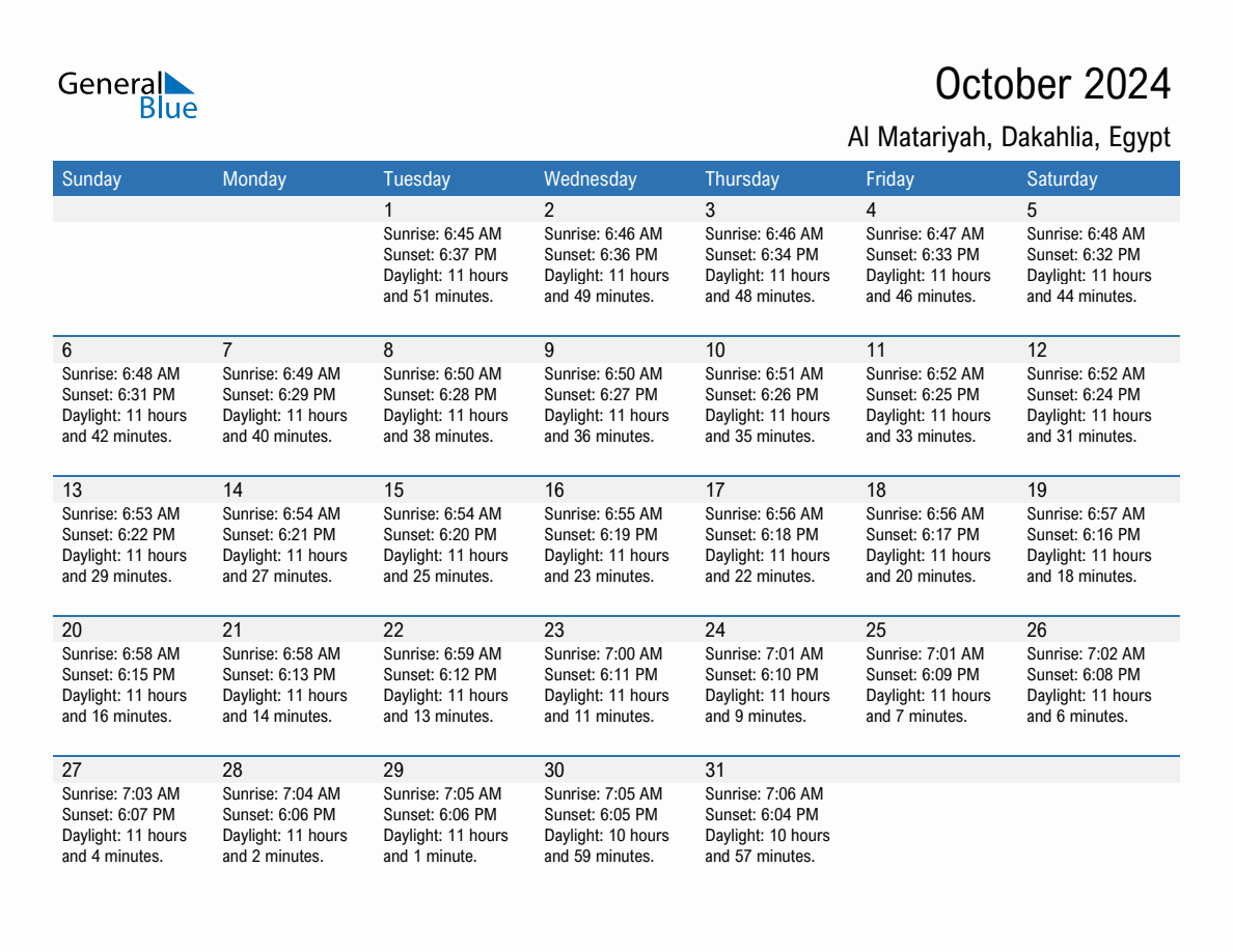 October 2024 sunrise and sunset calendar for Al Matariyah