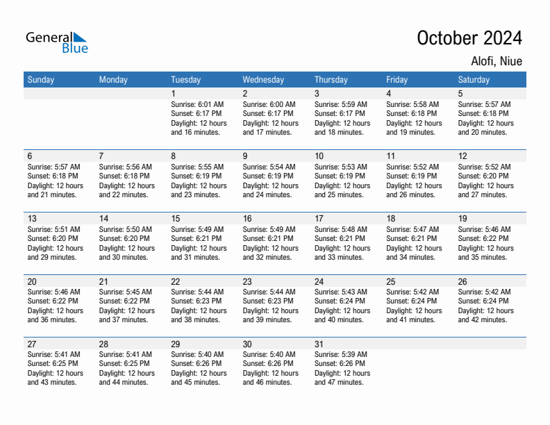 Alofi October 2024 sunrise and sunset calendar in PDF, Excel, and Word