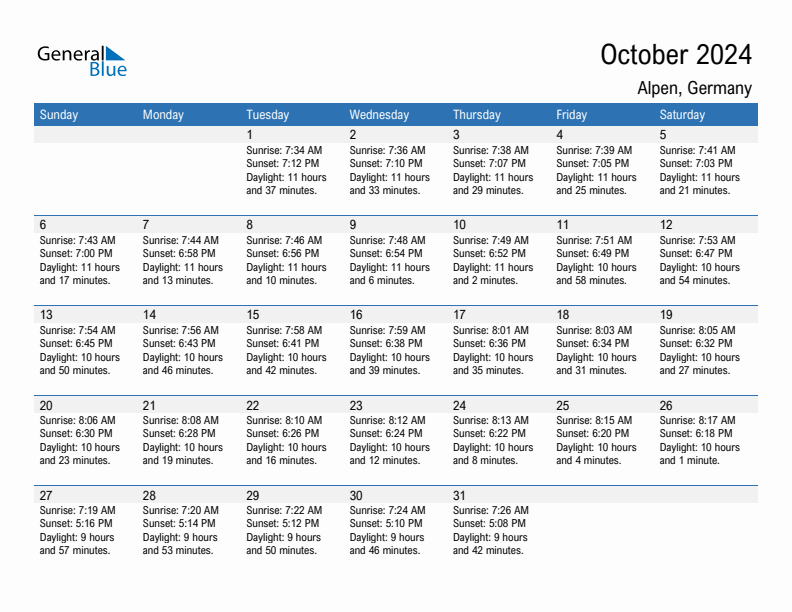 Alpen October 2024 sunrise and sunset calendar in PDF, Excel, and Word