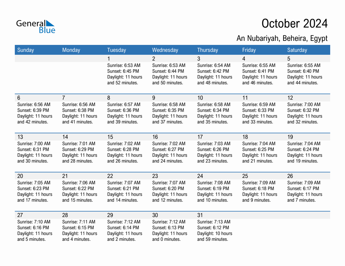 October 2024 sunrise and sunset calendar for An Nubariyah