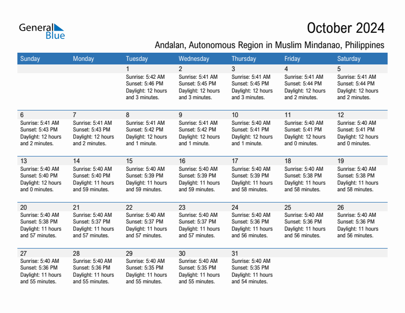 Andalan October 2024 sunrise and sunset calendar in PDF, Excel, and Word