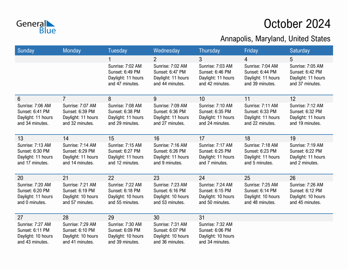 October 2024 sunrise and sunset calendar for Annapolis