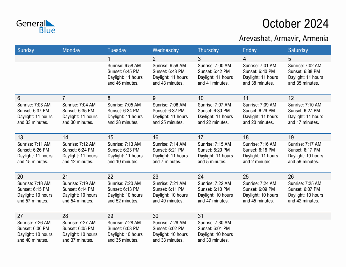 October 2024 sunrise and sunset calendar for Arevashat