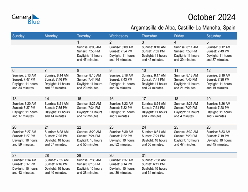 Argamasilla de Alba October 2024 sunrise and sunset calendar in PDF, Excel, and Word