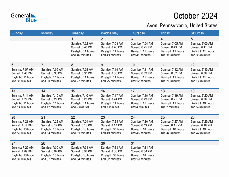 Avon October 2024 sunrise and sunset calendar in PDF, Excel, and Word