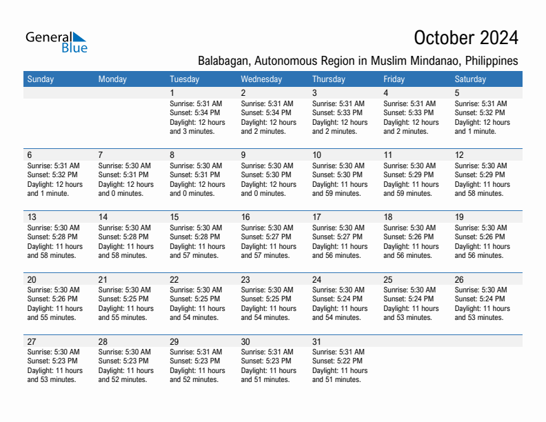 Balabagan October 2024 sunrise and sunset calendar in PDF, Excel, and Word