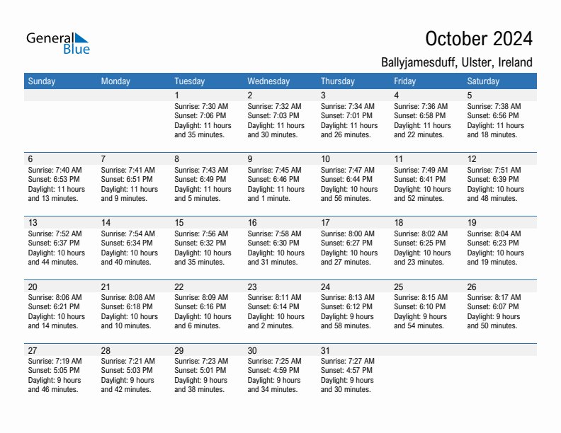 Ballyjamesduff October 2024 sunrise and sunset calendar in PDF, Excel, and Word