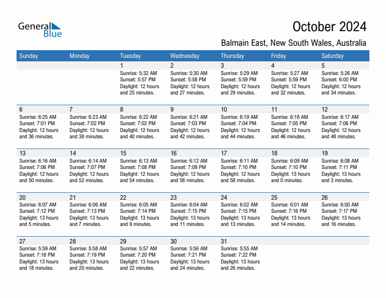 Balmain East October 2024 sunrise and sunset calendar in PDF, Excel, and Word