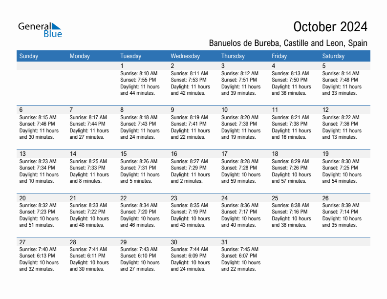 Banuelos de Bureba October 2024 sunrise and sunset calendar in PDF, Excel, and Word