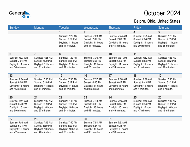 Belpre October 2024 sunrise and sunset calendar in PDF, Excel, and Word