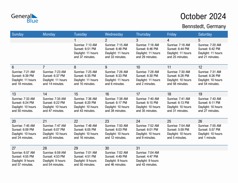 Bennstedt October 2024 sunrise and sunset calendar in PDF, Excel, and Word