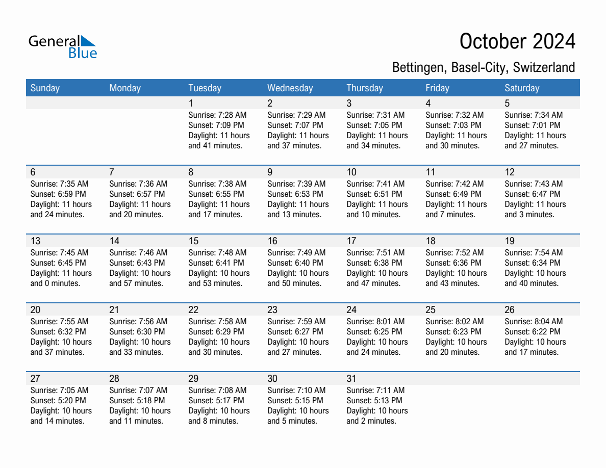 October 2024 sunrise and sunset calendar for Bettingen