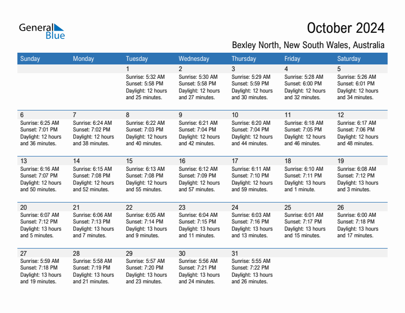 Bexley North October 2024 sunrise and sunset calendar in PDF, Excel, and Word