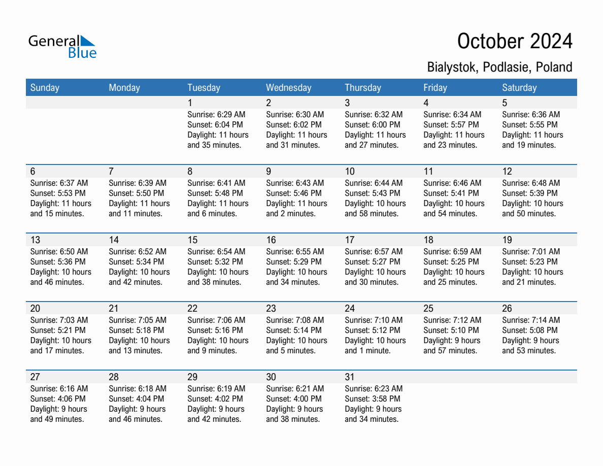 October 2024 sunrise and sunset calendar for Bialystok