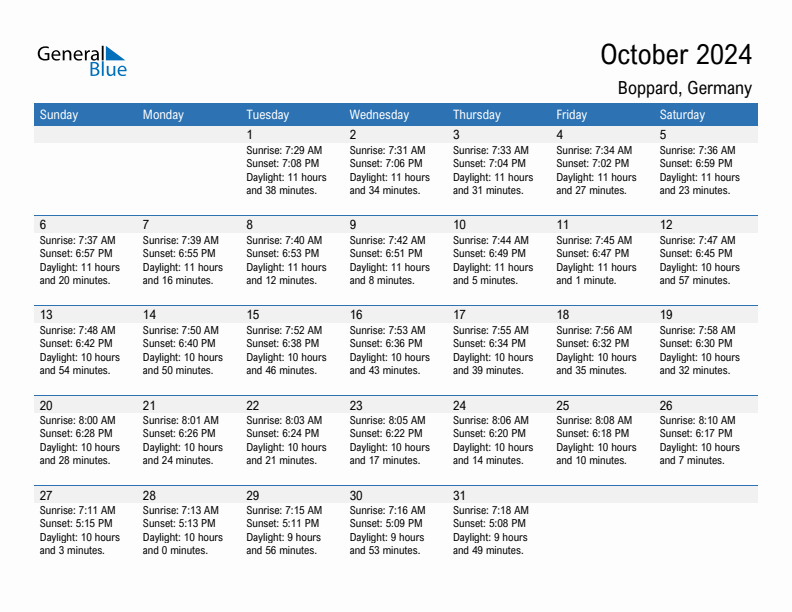 Boppard October 2024 sunrise and sunset calendar in PDF, Excel, and Word