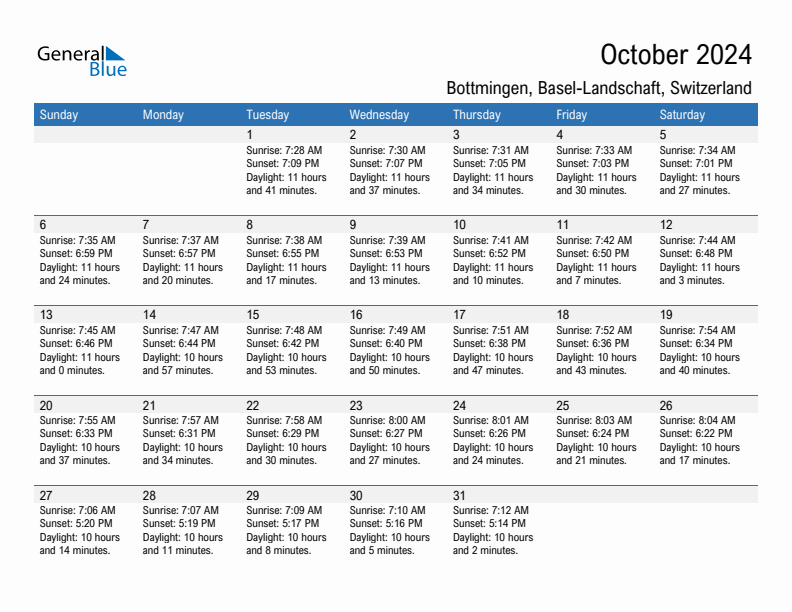 Bottmingen October 2024 sunrise and sunset calendar in PDF, Excel, and Word