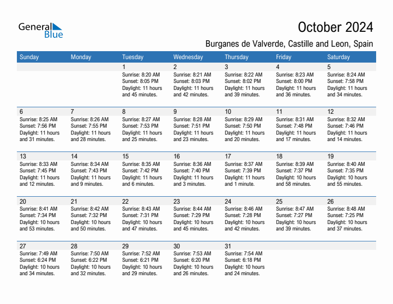 Burganes de Valverde October 2024 sunrise and sunset calendar in PDF, Excel, and Word