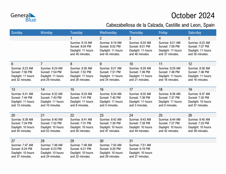 Cabezabellosa de la Calzada October 2024 sunrise and sunset calendar in PDF, Excel, and Word