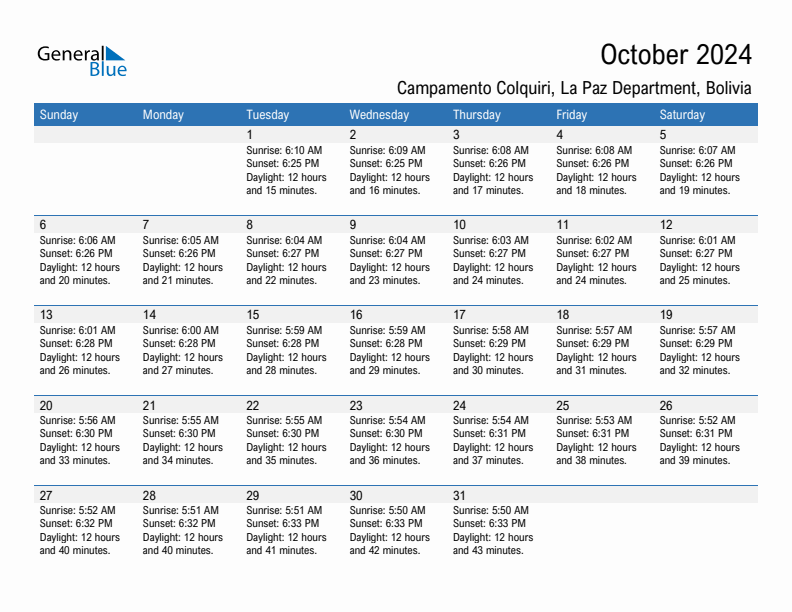 Campamento Colquiri October 2024 sunrise and sunset calendar in PDF, Excel, and Word