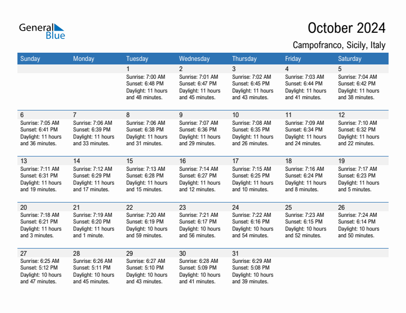 Campofranco October 2024 sunrise and sunset calendar in PDF, Excel, and Word