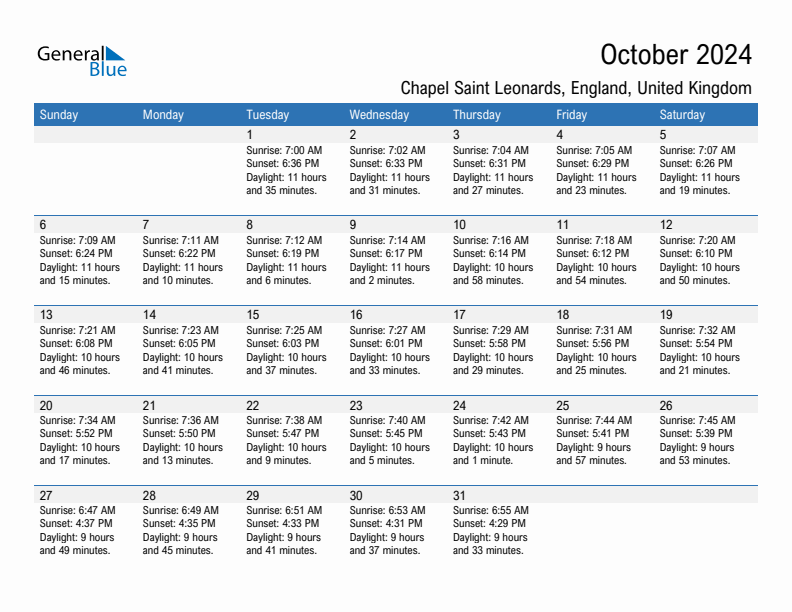 Chapel Saint Leonards October 2024 sunrise and sunset calendar in PDF, Excel, and Word