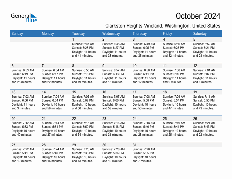 Clarkston Heights-Vineland October 2024 sunrise and sunset calendar in PDF, Excel, and Word