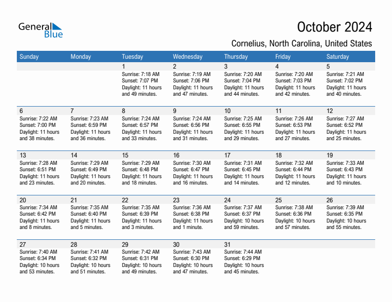Cornelius October 2024 sunrise and sunset calendar in PDF, Excel, and Word