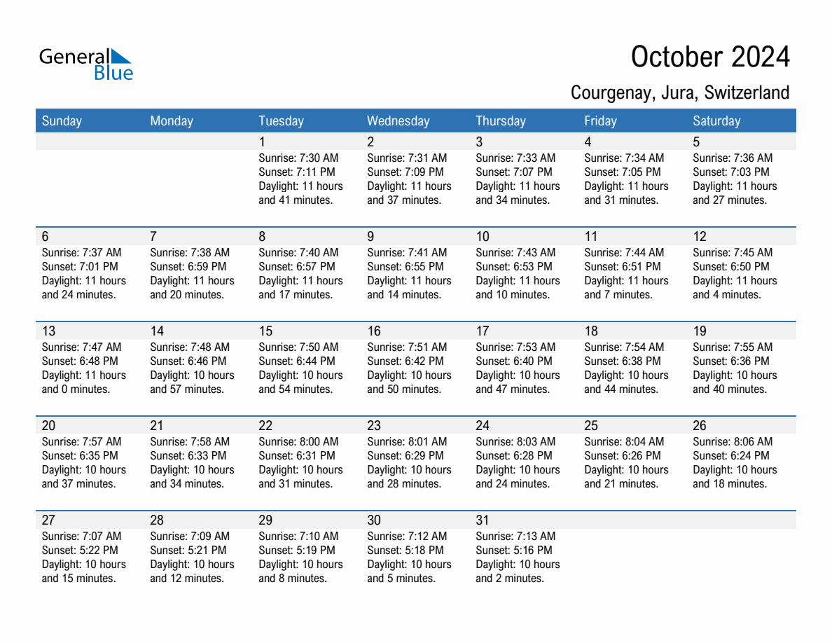 October 2024 sunrise and sunset calendar for Courgenay