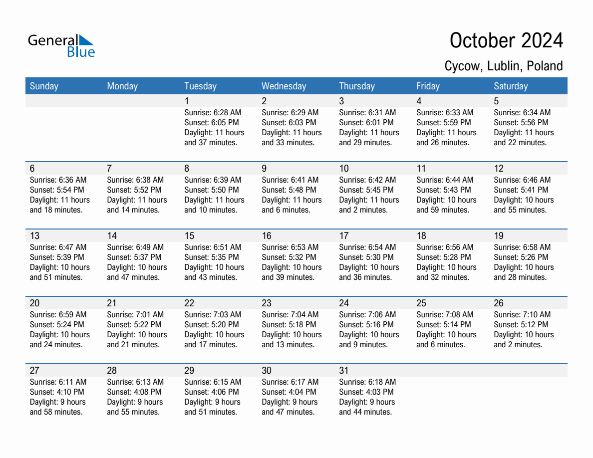 October 2024 sunrise and sunset calendar for Cycow