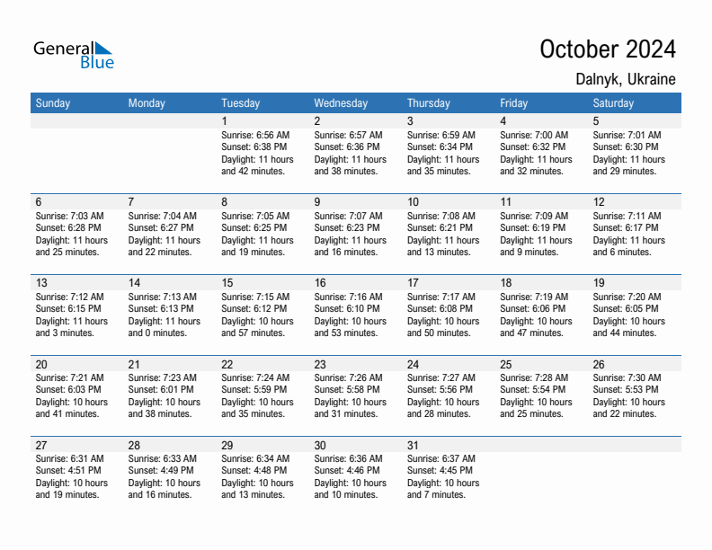 Dalnyk October 2024 sunrise and sunset calendar in PDF, Excel, and Word