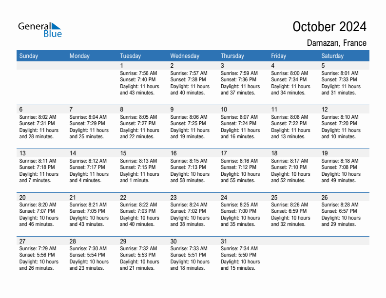 Damazan October 2024 sunrise and sunset calendar in PDF, Excel, and Word