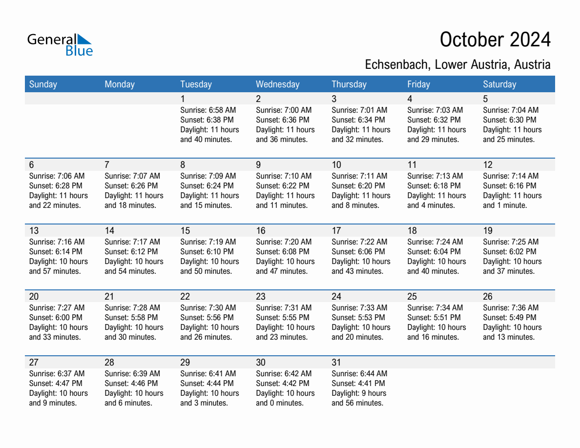 October 2024 sunrise and sunset calendar for Echsenbach