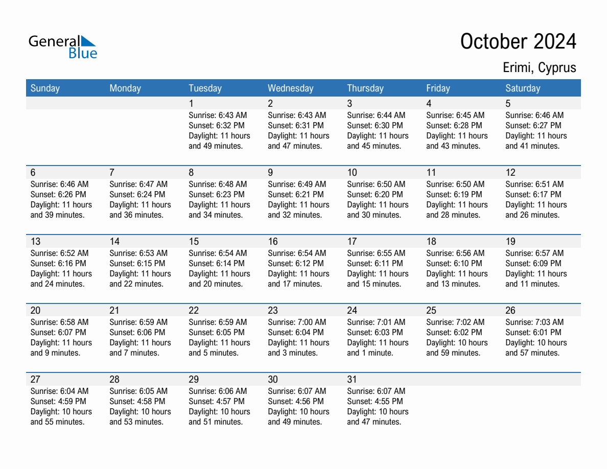 October 2024 sunrise and sunset calendar for Erimi