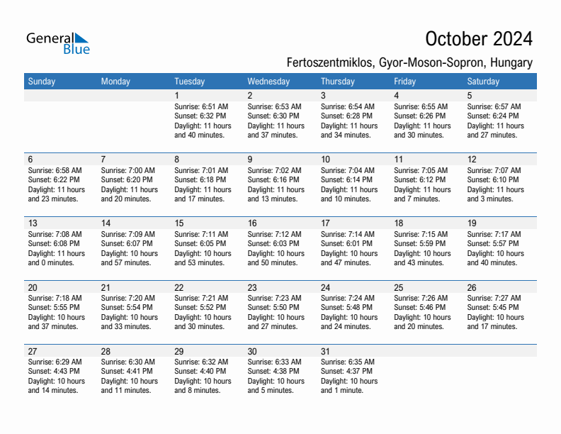 Fertoszentmiklos October 2024 sunrise and sunset calendar in PDF, Excel, and Word