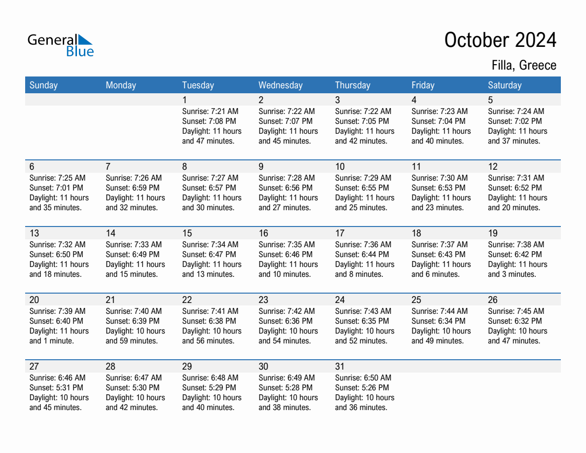 October 2024 Sunrise and Sunset Calendar for Filla (PDF, Excel, Word)