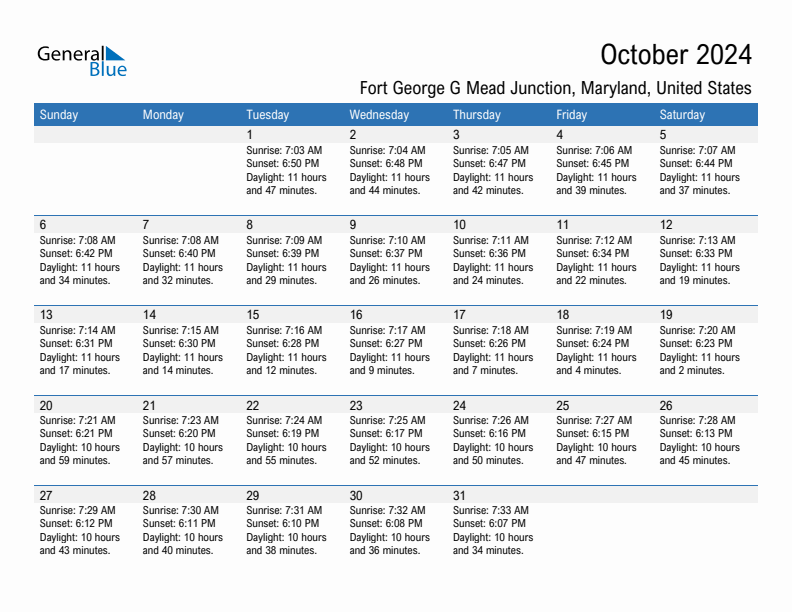 Fort George G Mead Junction October 2024 sunrise and sunset calendar in PDF, Excel, and Word