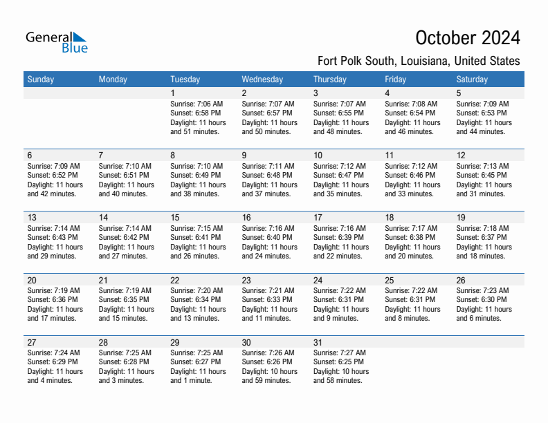 Fort Polk South October 2024 sunrise and sunset calendar in PDF, Excel, and Word