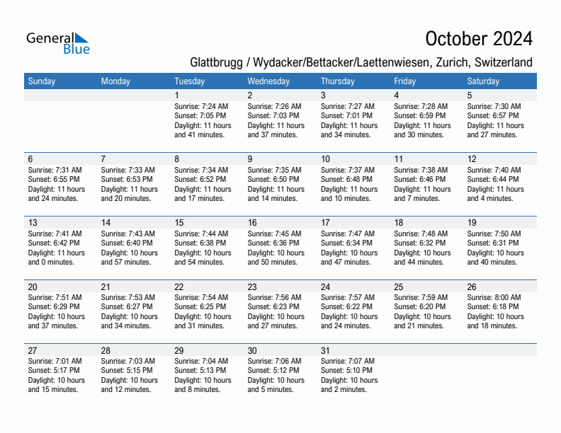 Glattbrugg / Wydacker/Bettacker/Laettenwiesen October 2024 sunrise and sunset calendar in PDF, Excel, and Word