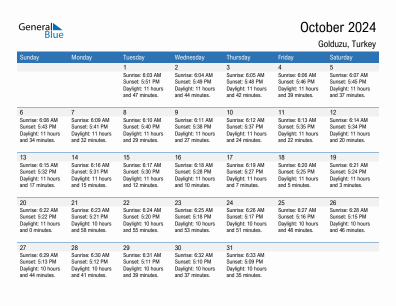 Golduzu October 2024 sunrise and sunset calendar in PDF, Excel, and Word